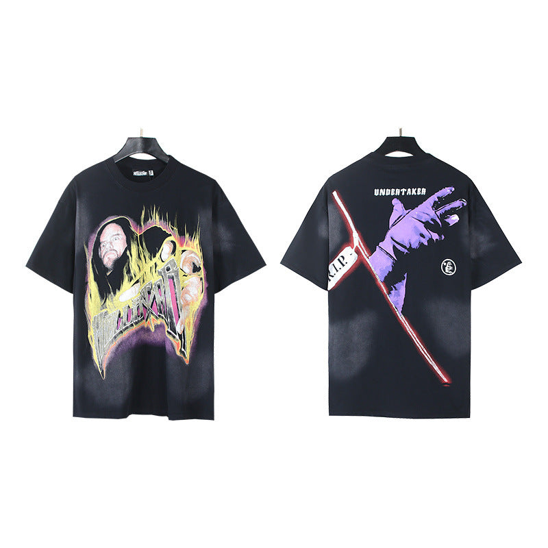 Trendy American Retro H Hell Star Series Print Loose Cotton T Shirt Unisex Casual Short Sleeve Tee