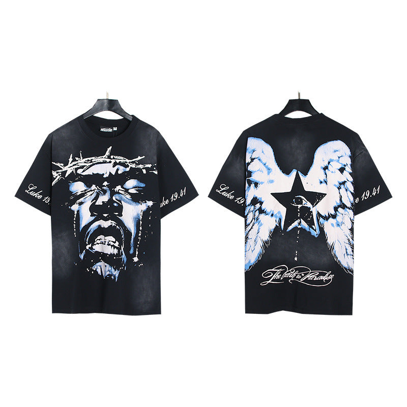 Trendy American Retro H Hell Star Series Print Loose Cotton T Shirt Unisex Casual Short Sleeve Tee