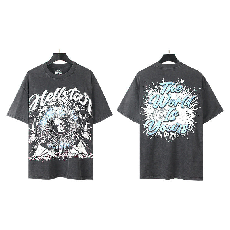 Trendy American Retro H Hell Star Series Print Loose Cotton T Shirt Unisex Casual Short Sleeve Tee
