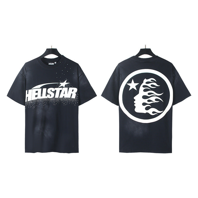 Trendy American Retro H Hell Star Series Print Loose Cotton T Shirt Unisex Casual Short Sleeve Tee