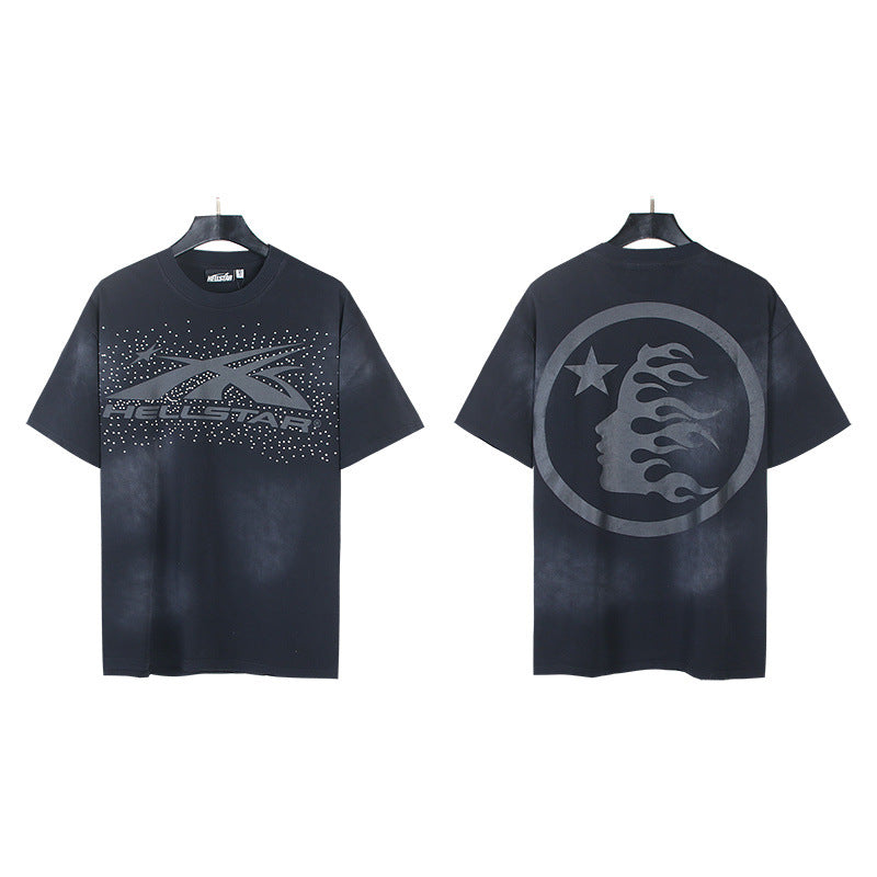 Trendy American Retro H Hell Star Series Print Loose Cotton T Shirt Unisex Casual Short Sleeve Tee