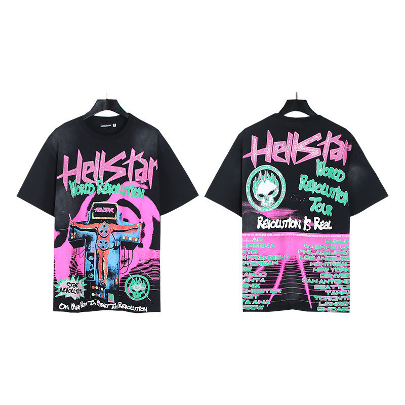 Trendy American Retro H Hell Star Series Print Loose Cotton T Shirt Unisex Casual Short Sleeve Tee