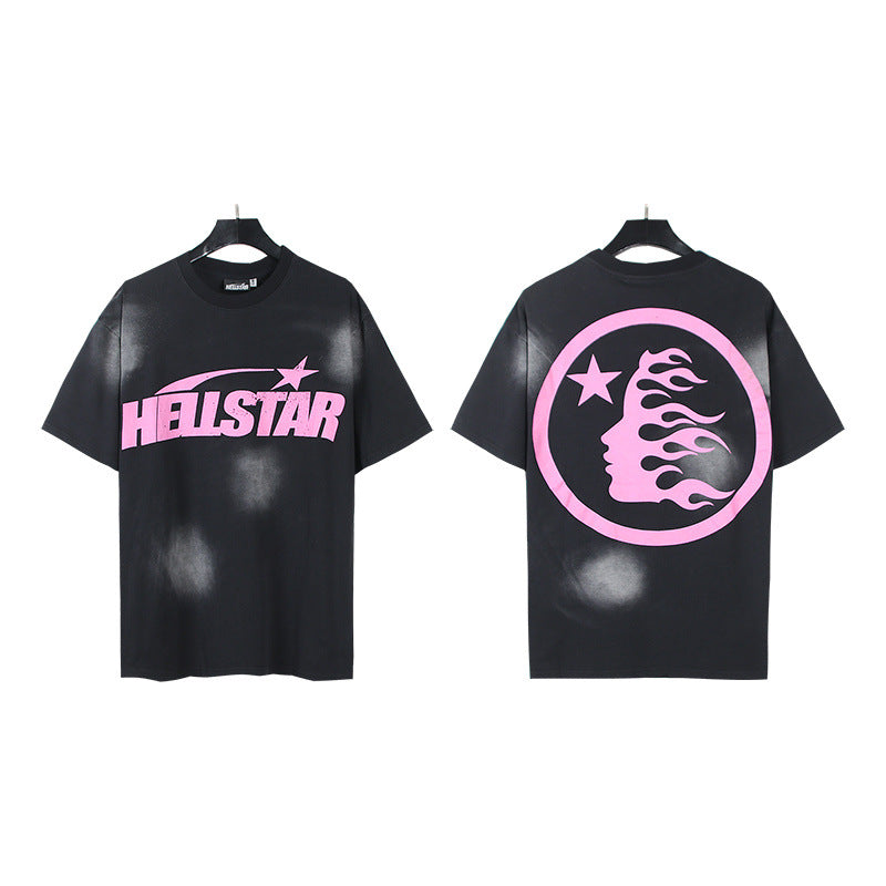 Trendy American Retro H Hell Star Series Print Loose Cotton T Shirt Unisex Casual Short Sleeve Tee