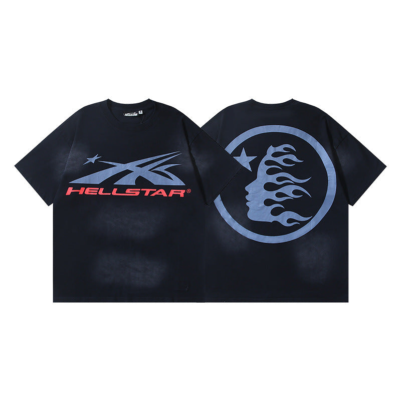 Trendy American Retro H Hell Star Series Print Loose Cotton T Shirt Unisex Casual Short Sleeve Tee