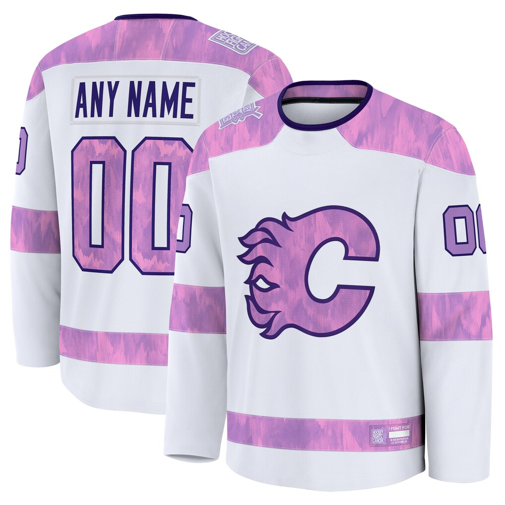 Robertx Custom C.Flames White 2024 Hockey Fights Cancer Practice Jerseys