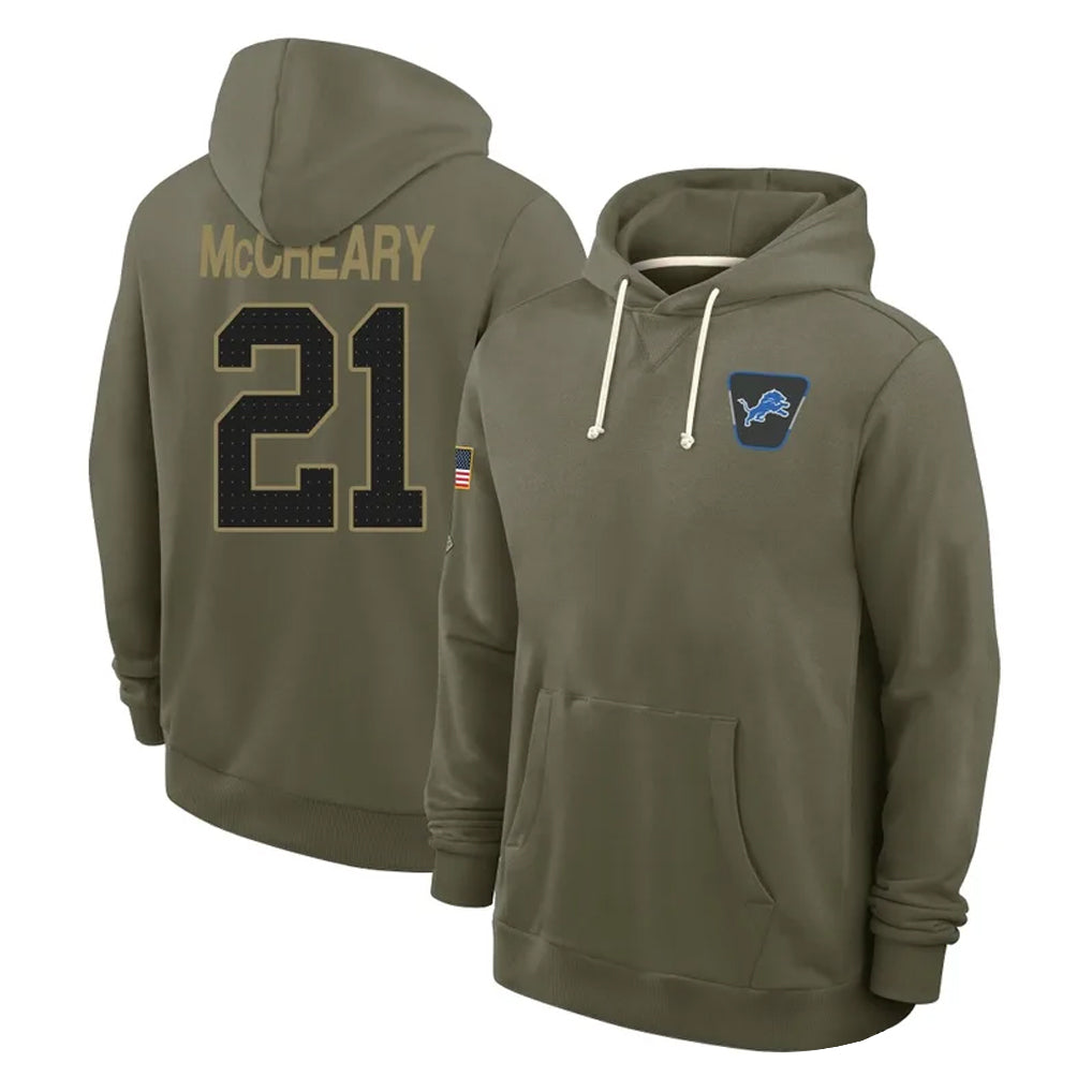 Robertx D.Lions #21 Roger McCreary Player Olive Salute to Service Pullover Hoodies Limited Stitched Jerseys
