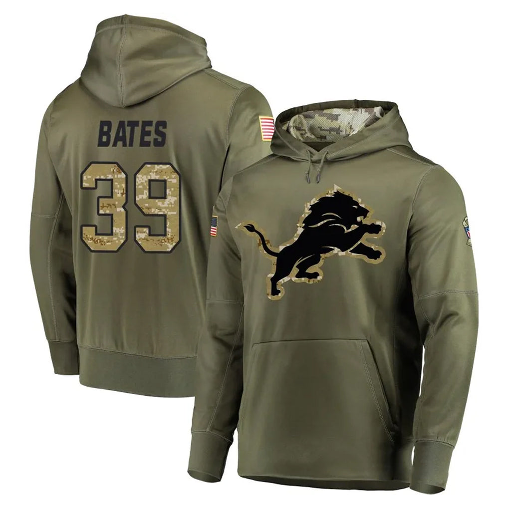 Robertx D.Lions #39 Jake Bates Player Olive Salute to Service Pullover Hoodies Home Game Stitched Jerseys