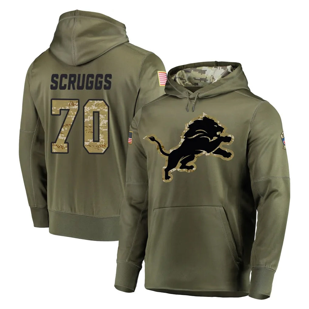 Robertx D.Lions #70 Juice Scruggs Player Olive Salute to Service Pullover Hoodies Home Game Stitched Jerseys