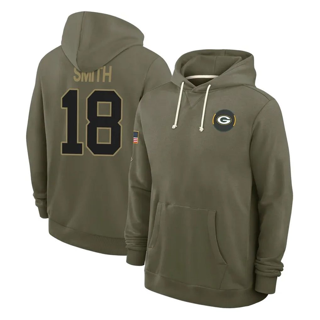 Robertx GB.Packers #18 Jonnu Smith Player Olive Salute to Service Pullover Hoodies Limited Stitched Jerseys