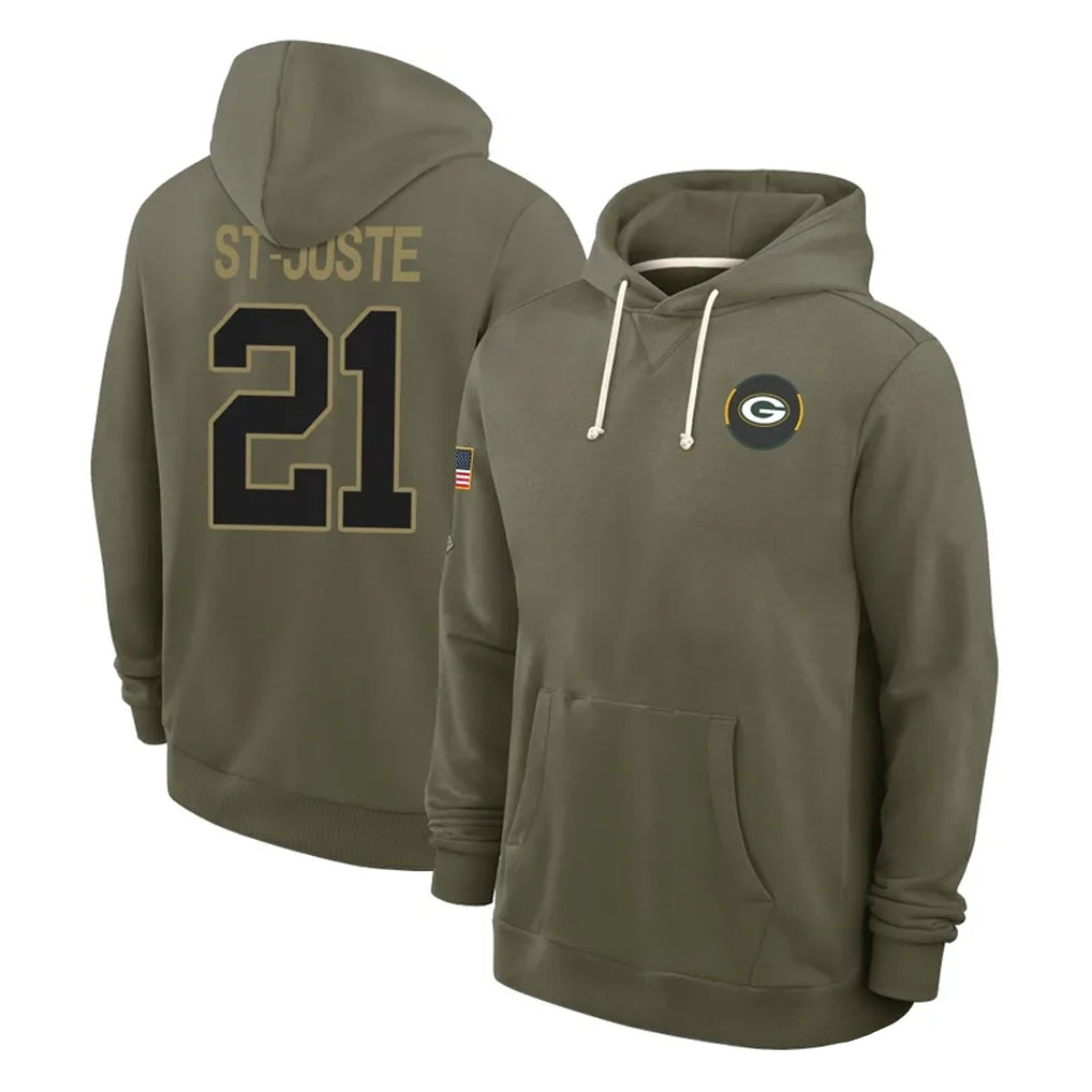 Robertx GB.Packers #21 Benjamin St-Juste Player Olive Salute to Service Pullover Hoodies Limited Stitched Jerseys
