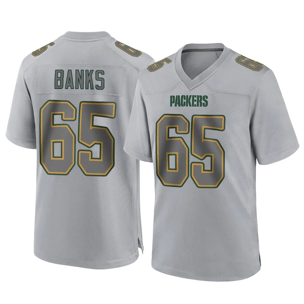 Robertx GB.Packers #65 Aaron Banks Player Gray Atmosphere Fashion Home Game Stitched Jerseys