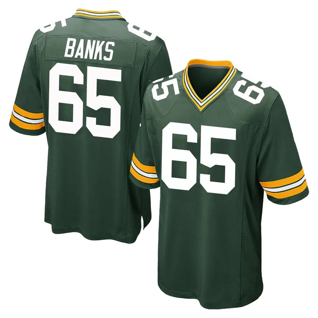Robertx GB.Packers #65 Aaron Banks Player Green Home Game Stitched Jerseys