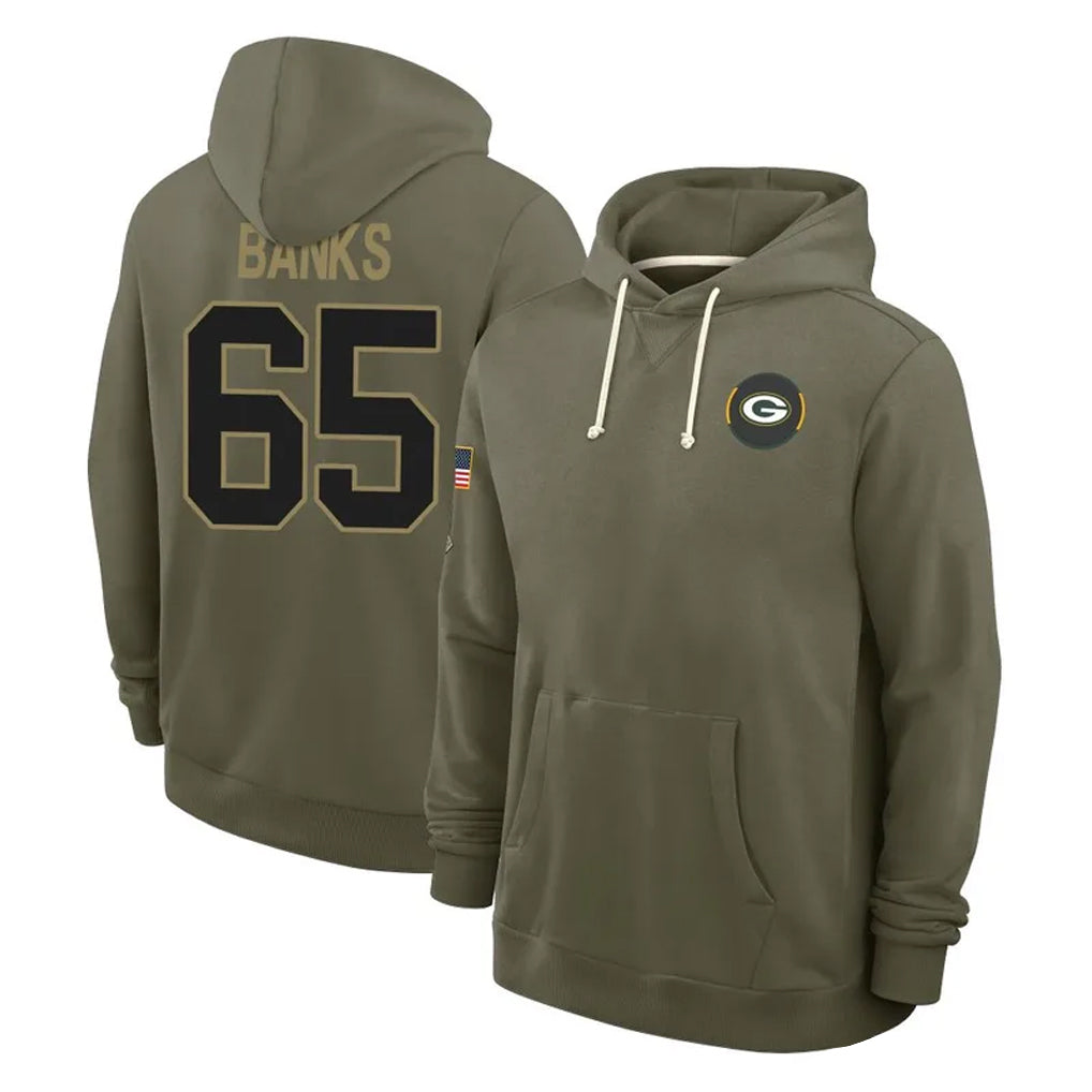 Robertx GB.Packers #65 Aaron Banks Player Olive Salute to Service Pullover Hoodies Limited Stitched Jerseys