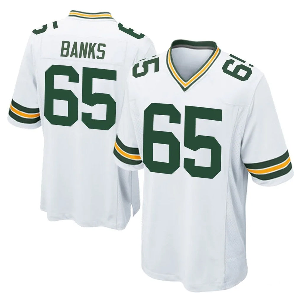 Robertx GB.Packers #65 Aaron Banks Player White Home Game Stitched Jerseys