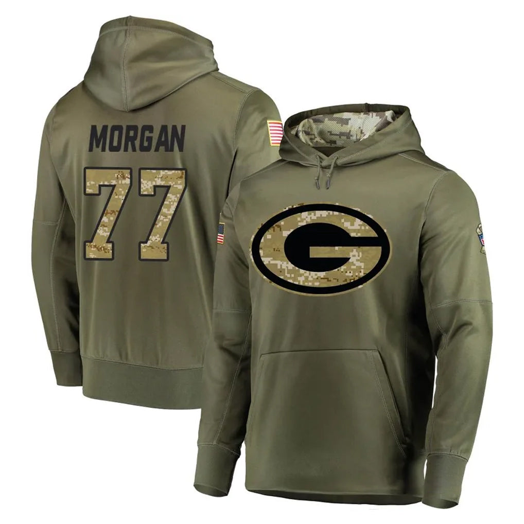 Robertx GB.Packers #77 Jordan Morgan Player Olive Salute to Service Pullover Hoodies Home Game Stitched Jerseys