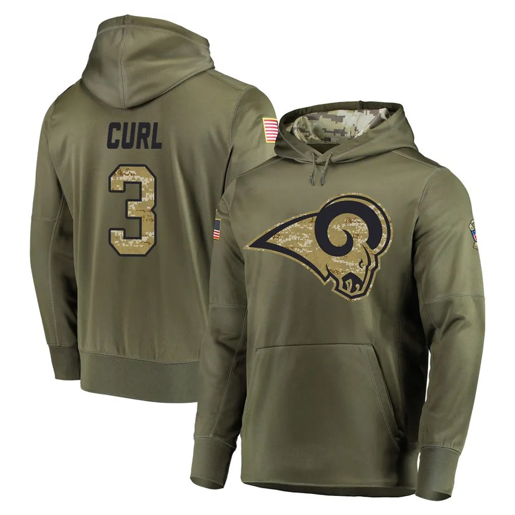 Robertx LA.Rams #3 Kam Curl Player Olive Salute to Service Pullover Hoodies Home Game Stitched Jerseys
